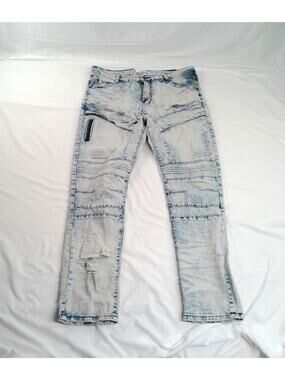 GSTR Men's Moto Jeans Acid Wash Distressed Biker Denim Pants Size 36